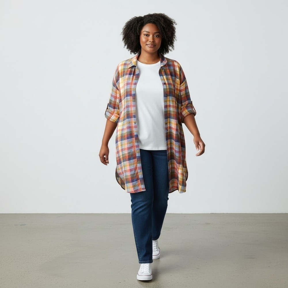 Torrid Women's 2X Kimono Shirt Duster Jacket Rainbow Plaid Open Front Artsy Boho